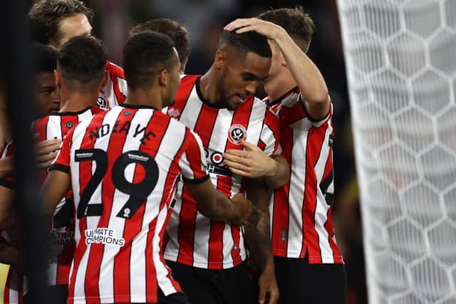 Sheffield United's Max Lowe is congratulated by his team mates after scoring against Sunderland: Darren Staples / Sportimage