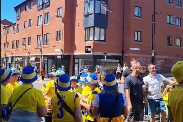 Swedish fans gather on Division Street, Sheffield