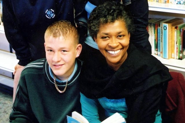 Poet Valerie Bloom, who performed her poetry in Black History Month at Firth Park Community College in 2002, pictured with Gary Thompson