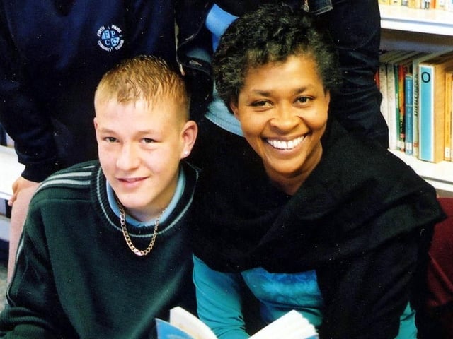 Poet Valerie Bloom, who performed her poetry in Black History Month at Firth Park Community College in 2002, pictured with Gary Thompson