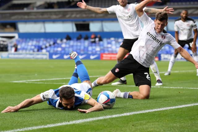 Rotherham United's Billy Jones fouls Birmingham City's Maxime Colin, resulting in a penalty during the Sky Bet Championship match at the St. Andrew's Trillion Trophy Stadium yesterday, which ended in a 1-1 draw. Photo: Martin Rickett/PA Wire.