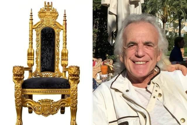 Peter Stringfellow (R) and his throne (L). The wear, top right, was caused by people holding on to the chair as they leaned over to talk to Peter. A throne which once seated King of Clubs Peter Stringfellow is set for auction and comes complete with tell-tale marks left by the nightclub impresario. See SWNS story SWMRthrone. The ornate chair was used by the legendary businessman – and VIP guests – in his famous London nightclubs for around 15 years. Its first location was Angels Club in Soho but it later enhanced the atmosphere at Stringfellow’s in Covent Garden. Now the striking throne, covered in black velvet and painted gold, could be yours. Peter’s son Scott Stringfellow is reluctantly parting with it as he needs to make space. He plans to marry and move house. The throne, estimate £1,500-£2,000, and a leopard-print tub chair, estimate £200-300 – the last one from Angels Club - are set to go under the hammer at Hansons Auctioneers on September 27.