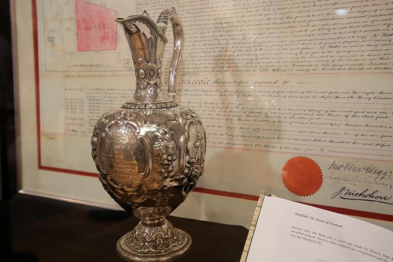 The Youdan Cup, on display here in the Legends of the Lane Museum at Sheffield United, was recently valued at £100,000 on Antiques Roadshow. The oldest football trophy in the world was first won by Hallam FC in February 1867