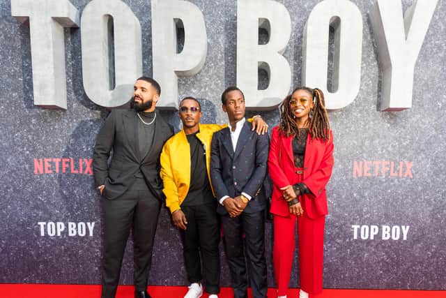 Netflix’s Top Boy Premiere in London, pictured above from the left is Drake, Ashley Walters (Dushane), Micheal Ward (Jamie) and Simbiatu Ajikawo (Shelly).