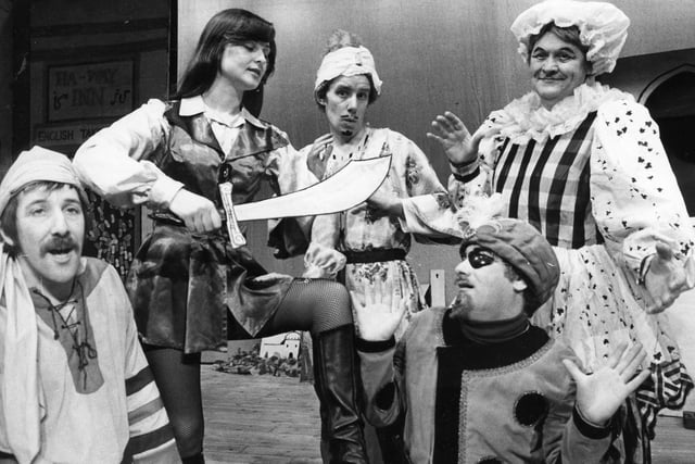 Jarrow Amateur Operatic Society's production of Ali Baba and the Forty Thieves.  Alex Lumley is pictured as Ali Baba, with left to right: Ossie Naylor as Hassarac; Helen Lowther as Hamid; Ken Bartley as Abdulla and Alan Grieves as the Dame.