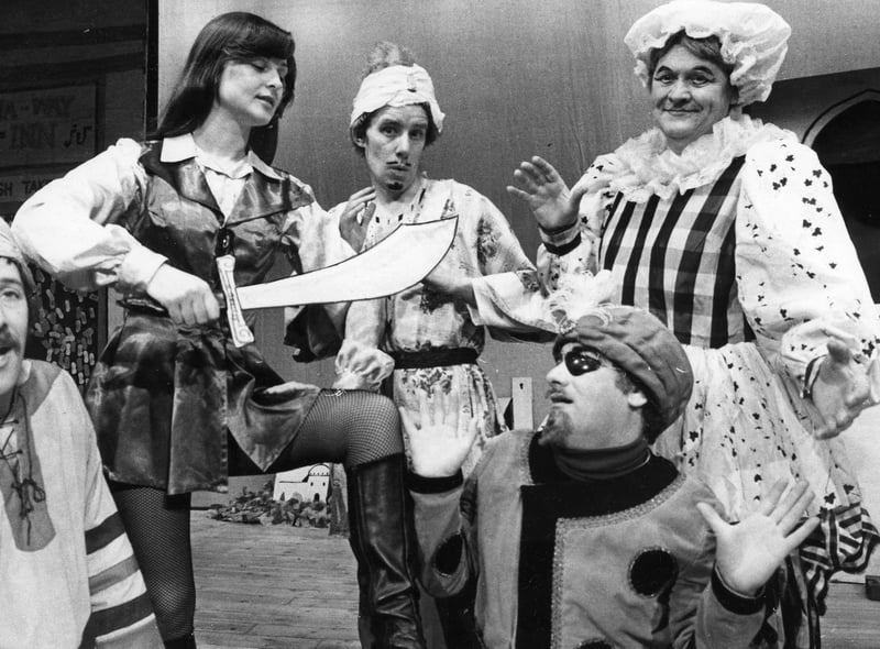 Jarrow Amateur Operatic Society's production of Ali Baba and the Forty Thieves.  Alex Lumley is pictured as Ali Baba, with left to right: Ossie Naylor as Hassarac; Helen Lowther as Hamid; Ken Bartley as Abdulla and Alan Grieves as the Dame.