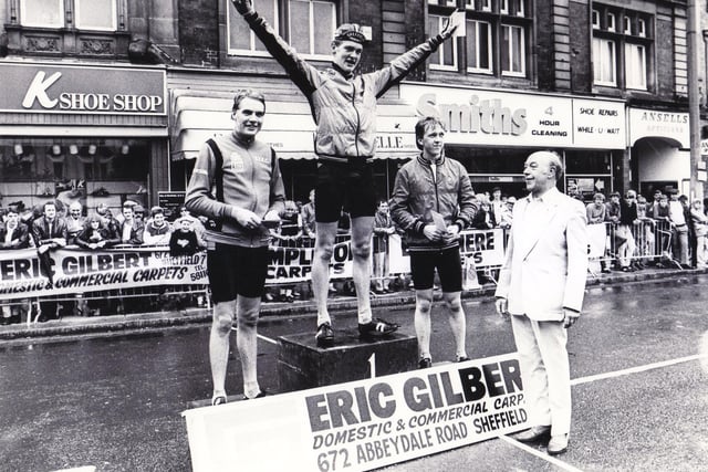 Winners of Sheffield City Centre Cycle Race - Nigel Wilson (centre), Simon Keeton (right) and Charlie Moody (left) - third.
18th August 1985