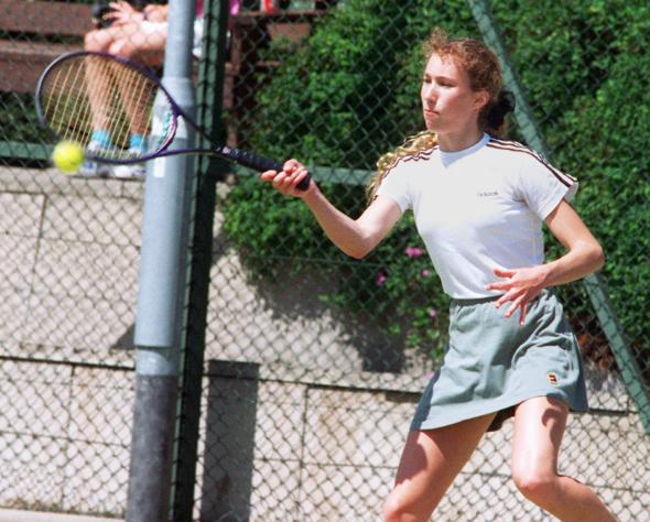 Tamsin Bush competing in the under 18s singles match in 1997. At Doncaster Lawn Tennis Club.