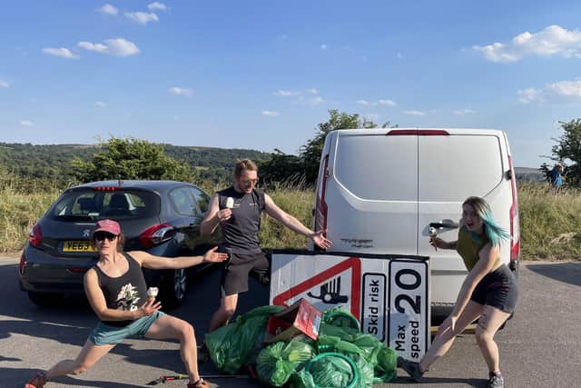 Crag Clean Up 2022: (left to right) Mel Talbot, Tom Bowers and Daisy Dubus with their pile of bags at surprise view with a well-deserved Ice cream.