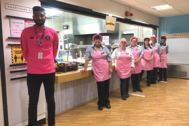 Think Pink week saw pupils across Havant don pink for Hannah's Holiday Home, mayoral charity of Cllr Prad Bains. Pictured: Dinner ladies at Havant South Downs College
