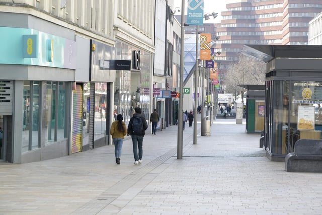 One of Sheffield city centre's biggest shopper hotspots, The Moor, incredibly quiet as shoppers remain home as the Covid pandemic hit.
