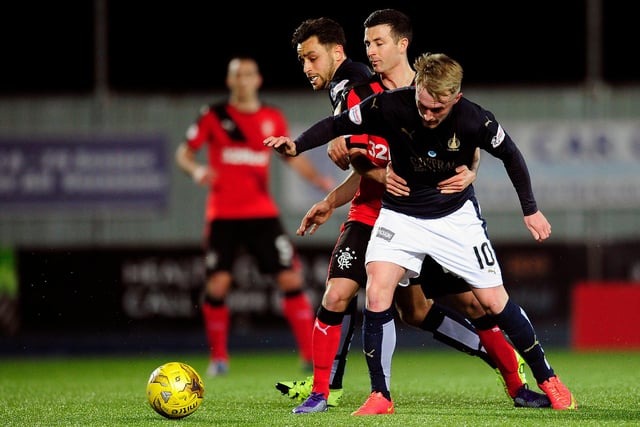 Jason Holt is sandwiched by Tom Taiwo and Craig Sibbald