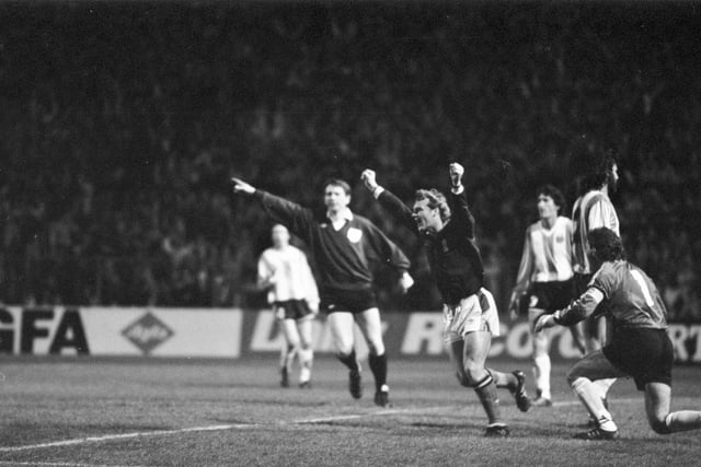 Scotland's Robert Fleck celerates a goal during a Scotland v Argentina friendly football match at Hampden in March 1990.