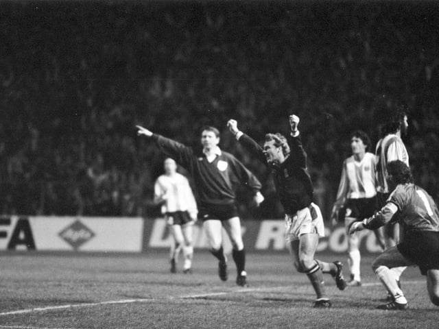 Scotland's Robert Fleck celerates a goal during a Scotland v Argentina friendly football match at Hampden in March 1990.