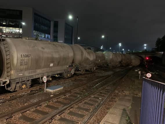 The freight train derailed near Sheffield station (Credit: @gavasmith69)