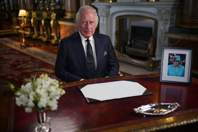 King Charles III delivers his address to the nation and the Commonwealth from Buckingham Palace, London, following the death of Queen Elizabeth II on Thursday. Picture date: Friday September 9, 2022. PA Photo. See PA story DEATH Queen. Photo credit should read: Yui Mok/PA Wire