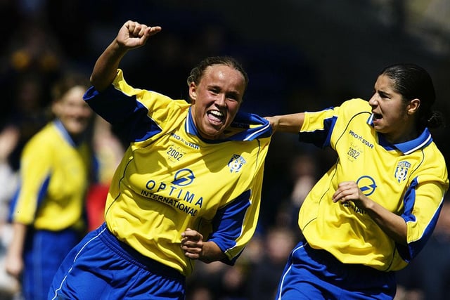 Jodie Handley (left) celebrates her goal with teammate Carly Hunt during the 2002 Women's FA Cup Final between Doncaster Belles and Fulham Ladies.