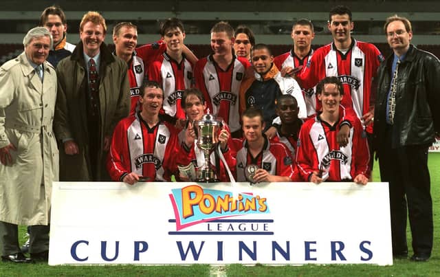 Sheffield United celebrate after winning the Pontins League Cup at Bramall Lane. Players, back row: Gareth Taylor, Ville Lehtinen, Jon O'Connor, Kevin Davies, Leigh Walker, Curtis Woodhouse, Michael Vonk, Tri Dellas. Front row, L-R: Mark Beard, Lee Morris, Ryan Ludlam, Paul Burke, Adam Burley