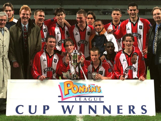 Sheffield United celebrate after winning the Pontins League Cup at Bramall Lane. Players, back row: Gareth Taylor, Ville Lehtinen, Jon O'Connor, Kevin Davies, Leigh Walker, Curtis Woodhouse, Michael Vonk, Tri Dellas. Front row, L-R: Mark Beard, Lee Morris, Ryan Ludlam, Paul Burke, Adam Burley
