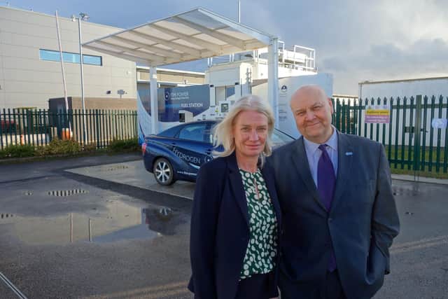 Conservative party chair Amanda Milling MP and ITM Power chief executive Graham Cooley at the firm’s hydrogen car refuelling station on the Advanced Manufacturing Park in Rotherham.