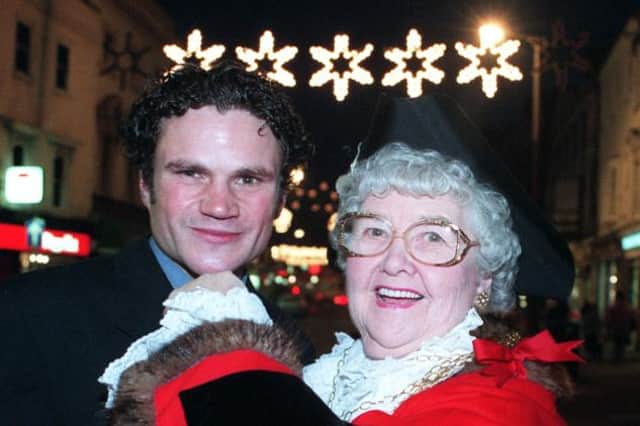 Mayor of Doncaster Dorothy Layton with boxer Jo Irwin at the Christmas light switch on in 1996.
