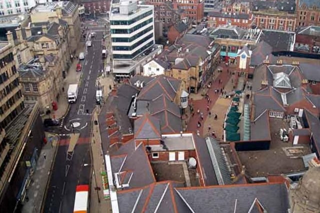 Aerial view of Orchard Square in Sheffield city centre, looking along Leopold Street, in 2009