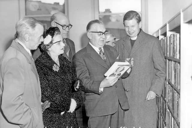 J. Bebbington, City Librarian and Information Officer, Lady Mayoress, Coun. J.Thorpe, Chairman Libraries etc., Lord Mayor A.V. Wolstenholme, Rev. J. Matthews, Lord Mayors Chaplain, at the opening of the reconstructed Tinsley Branch Library, Bawtry Road, on November 13, 1959.