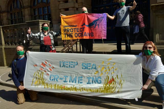 Local residents protesting Deep Sea Mining at the Town Hall. Picture by Greenpeace Sheffield Group.