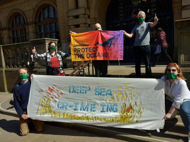 Local residents protesting Deep Sea Mining at the Town Hall. Picture by Greenpeace Sheffield Group.