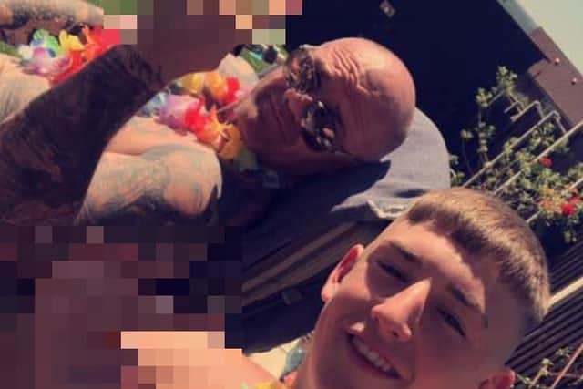 Taylor Meanley and his father Mike Meanley posing together before the former, aged 17, was convicted of murder. The offensive hand gestures the pair were making have been pixellated