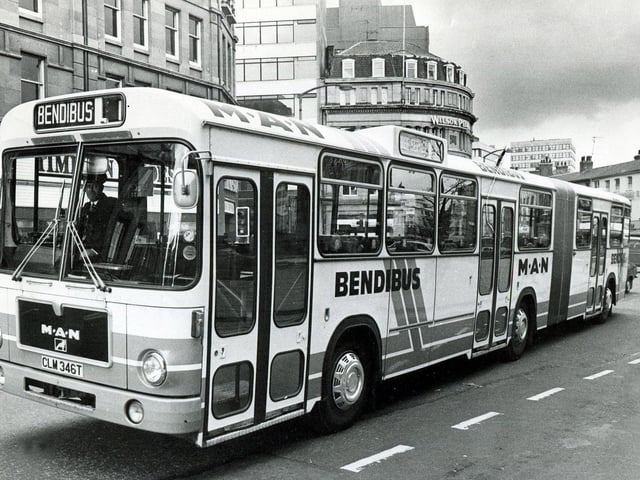 A Bendibus on Pinstone Street, Sheffield, in 1981