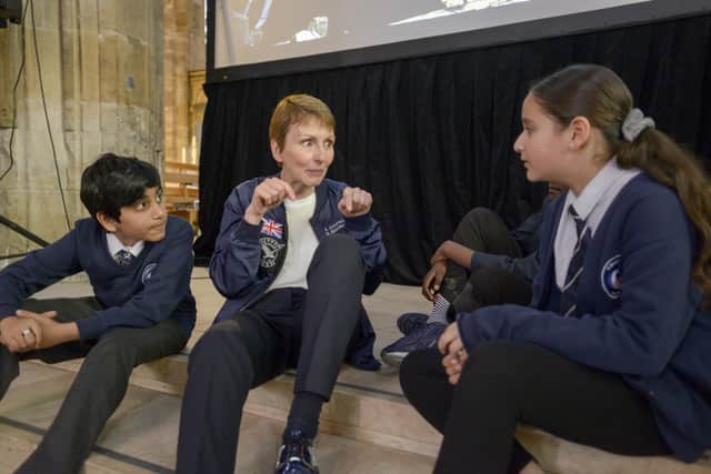 Astronaut Helen Sharman OBE talking to school children in Sheffield Cathedral
