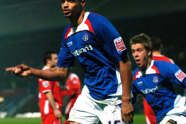 Caleb Folan is all smiles after putting Chesterfield 2-1 up against Charlton Athletic in the Carling Cup quarter-final in November 2006.