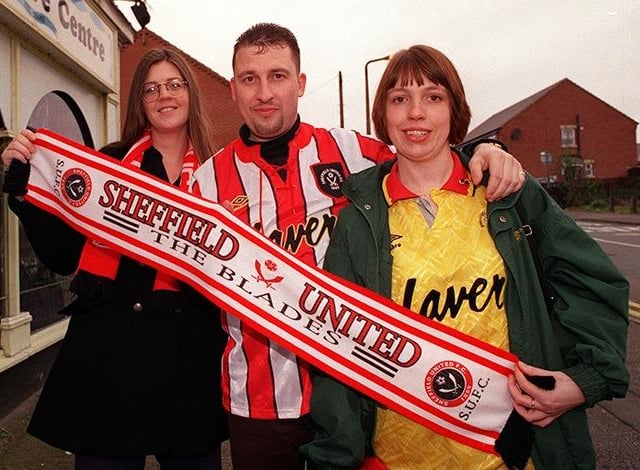 Blades fans at the Sheffield United v Newcastle United match on April 5, 1998, pictured, left to right, Natalie Taylor with Michael and Jane Aldred