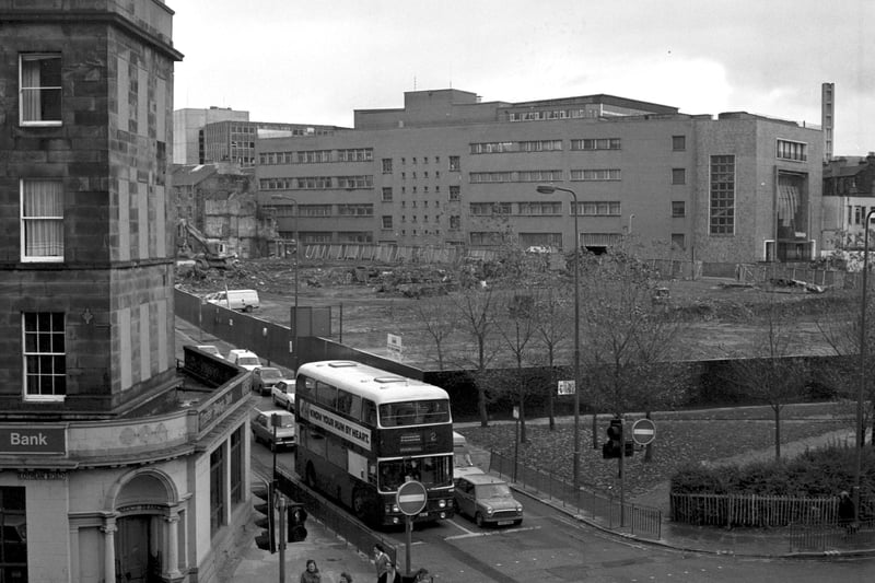 Looking down on the gap-site at East Fountainbridge in Edinburgh, previously the site of the Palladium theatre. Picture taken December 1984.