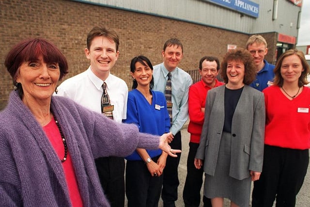 Actress June Brown (Dot Cotton) pictured with staff at the now closed Comet electrical store, Queen's Road, Sheffield, May 1997