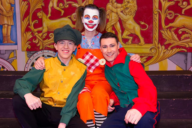 Zac Mundell, Helen Hoggan as the white faced clown and Daniel Drummond
