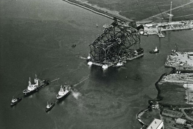An aerial view of an oil rig leaving Laing Offshore at Graythorp. Remember this? Photo: Hartlepool Library Service.