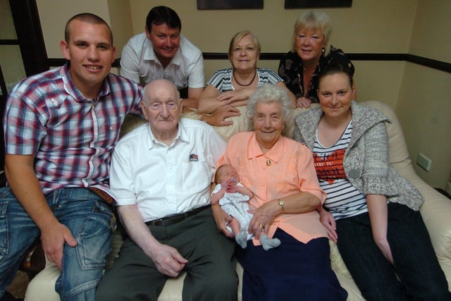 Great-great grandparents, Ernest and Alice Lazenby, both 91, at the front with baby Mason John Taylor, who was 13 days old in 2010, and his parents Ashley Taylor and Emma Willoughby, both 24. Then at the back Granddad Gary Taylor, 50, Great-Grandmother Ann Lazenby, 69 and Grandmother Jane Taylor, 50