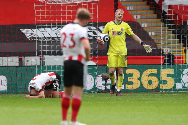 Aaron Ramsdale and George Baldock of Sheffield United look on dejected after conceding against Crystal Palace: Simon Bellis/ Sportimage
