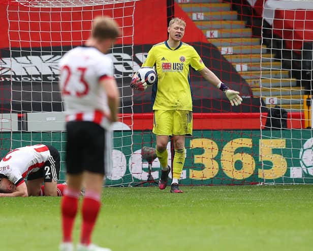 Aaron Ramsdale and George Baldock of Sheffield United look on dejected after conceding against Crystal Palace: Simon Bellis/ Sportimage