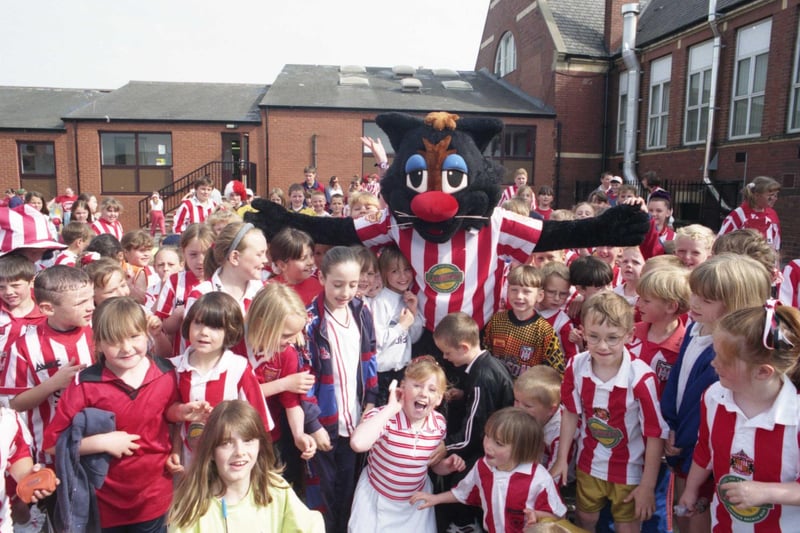 Sunderland mascot Samson meets fans from Southwick Primary School  in May 1998. Can you spot a pupil you know?