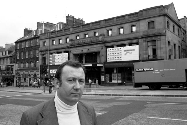 Scottish actor David McKail outside the Playhouse theatre during Edinburgh Festival 1981. He won a Fringe First that year for his one-man play Bozzy.