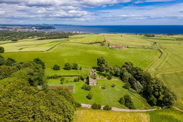 Aerial view of castle towards Kirkcaldy and the Forth.