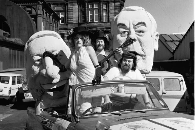 The cast of The Great Northern Welly Boot Show held a motorcade with giant Ted Heath and Harold Wilson.
It was to promote their Edinburgh Festival Fringe show at the Waverley Market in August 1972