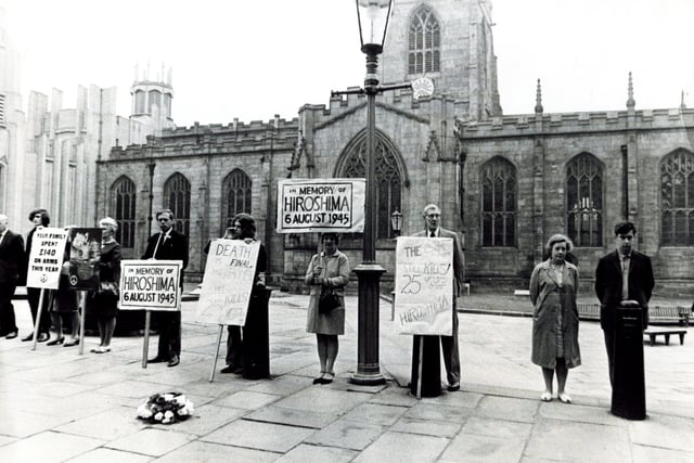 Members of CND hold a vigil on Sheffield Cathedral forecourt on the 25th anniversary of the dropping of the first atom bomb on Hiroshima on August 6, 1970