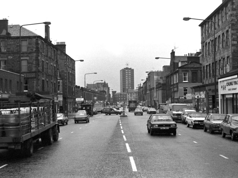 Looking north-east towards the high-rise tower block Kirkgate House at the foot of Leith Walk in Edinburgh, November 1984.