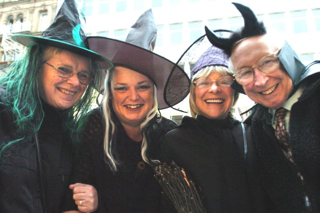 Left to Right: Christine Beech, Alison Parsons, Margaret Crook, and 82 year old Thomas Martin dressed up for Fright Night in Sheffield City Centre