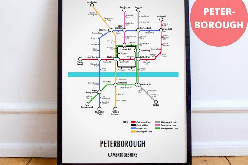 This intricate Peterborough transport map is printed on 200gsm matte style poster paper. The product is sold on Etsy by UndergroundStudio, with prices starting from £2.49 depending on size. etsy.me/2NIxLZt