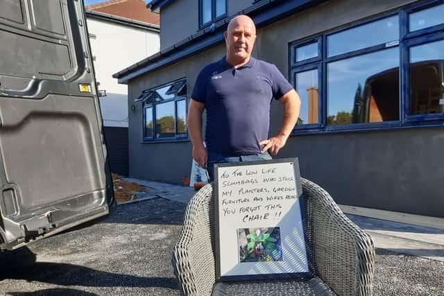 Andy Foulkes with a message for the thieves who stole his wife's ashes along with all his garden furniture.